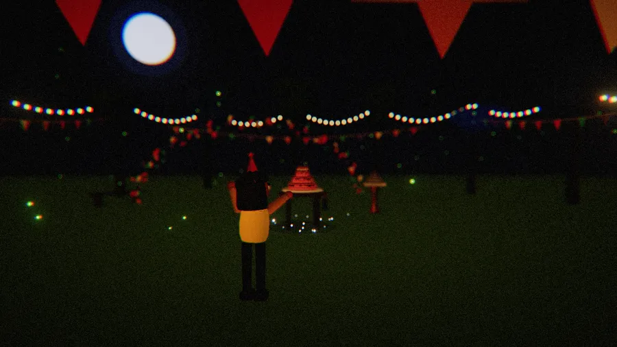 An avatar in a party hat on a dark lawn under bunting, string lights and a full moon, facing a cake table