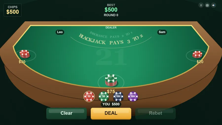Placing a bet: a stack of chips on the felt and the Deal button lit, with a $500 bank.