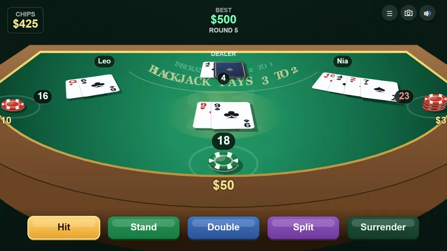 Seat camera at eye level: your 9 and 9 make 18 on a $50 bet, the dealer shows 4; Hit, Stand, Double, Split and Surrender