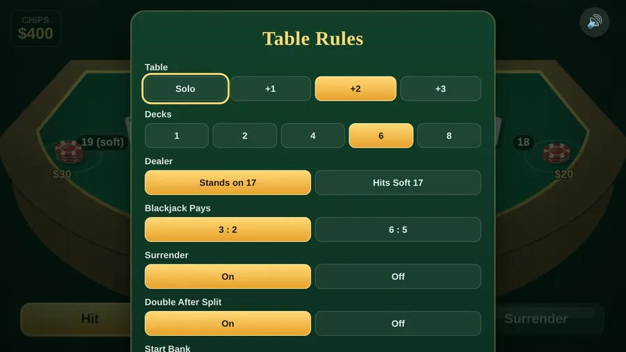 Table Rules panel set to +2, 6 decks, dealer stands on 17, blackjack pays 3:2, surrender and double after split on
