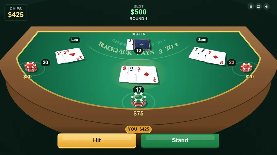 The player's hand at 17 after a hit, with Hit and Stand buttons below the felt.
