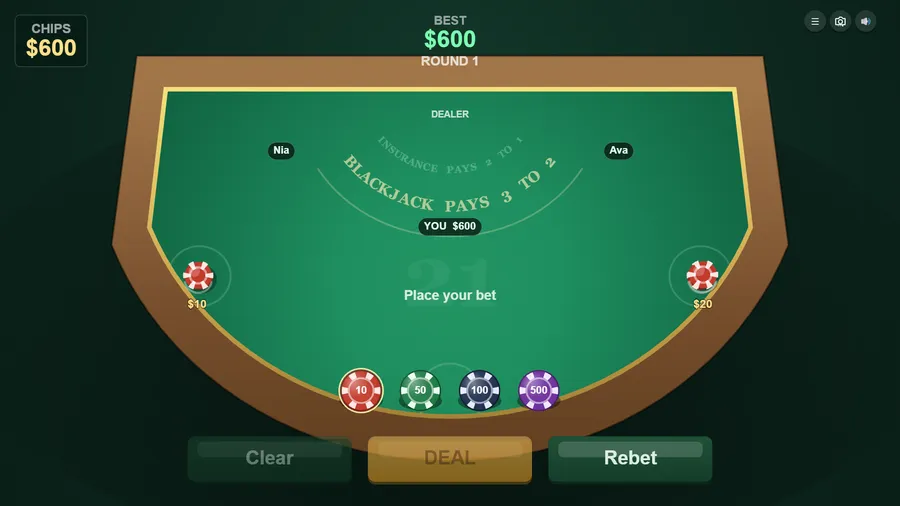 A zoomed-out overhead view of the half-moon table with chips and "Place your bet" at the centre.