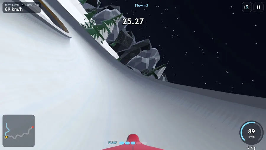 The pilot's eyes at night: the red cowl below, the ice wall climbing past as the sled rides a curve.