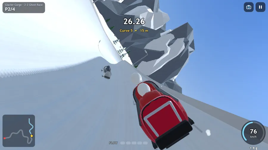 From behind the crew's helmets in a ghost race at Glacier Gorge, a rival sled ahead in the ice trough.
