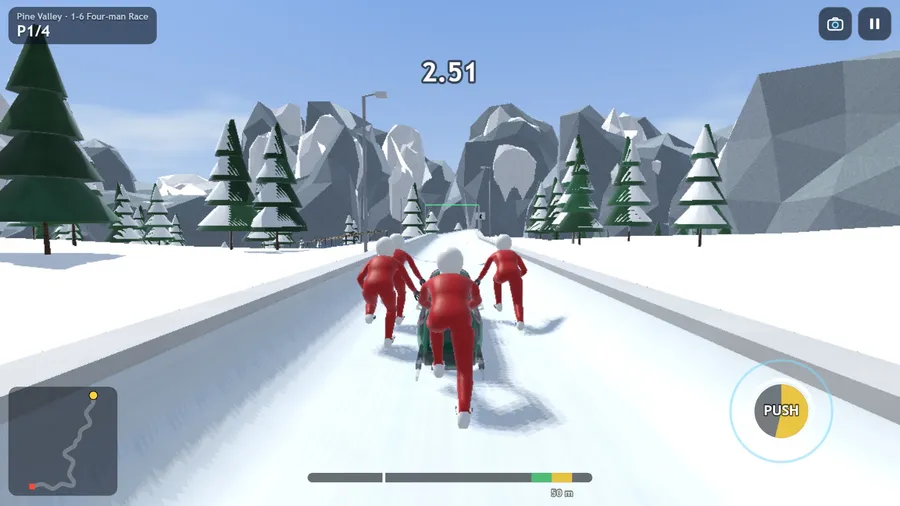 The push start at Pine Valley: two athletes in red suits sprinting the sled down the ice toward the beam.
