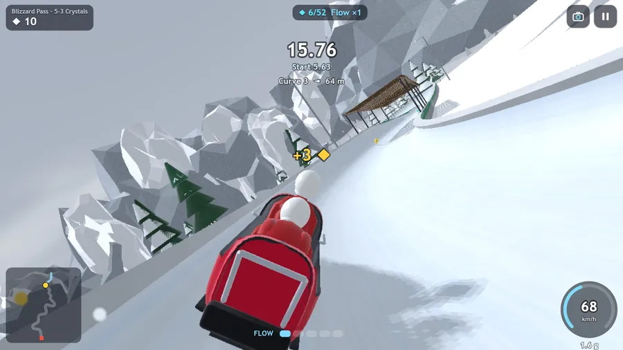 Blizzard Pass in falling snow, seen from behind the crew, with crystals floating over the ice ahead.