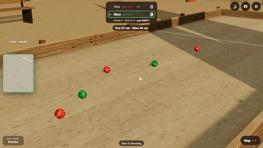 The vineyard court close up: a green ball rolls in toward a red ball, a green ball and the small white pallino.
