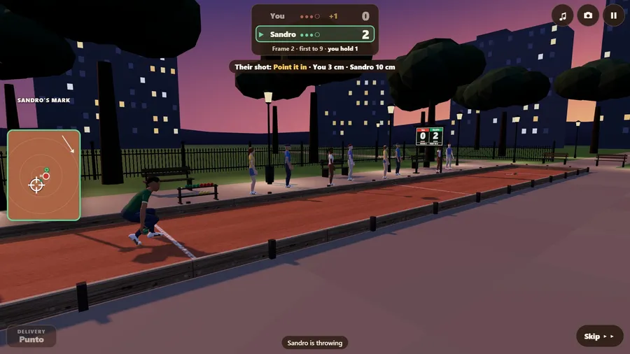 The park at dusk from the side: the opponent crouches at the foul line with a green ball, lamps and railings behind.