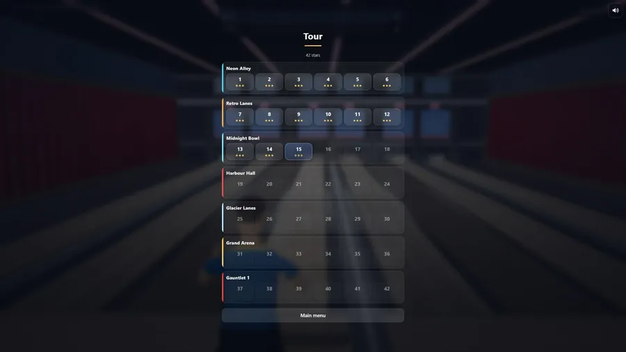 The Tour map: halls of numbered levels with stars, from Neon Alley to the Gauntlet