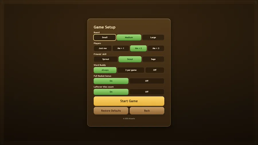 Panel Game Setup: tablero Medium, Me + 2 jugadores, nivel Scout, Word Buddy Always, ambos bonus On y un botón Start Game