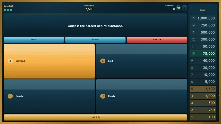Rung 5 of 15, playing for 2,500: Which is the hardest natural substance? with Diamond picked and Lock It In below
