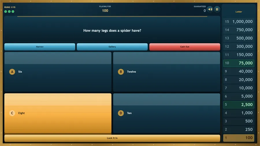 The first question, how many legs a spider has, with answer C "Eight" highlighted above a Lock It In bar.
