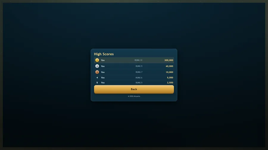 High Scores: five runs by You, topped by rung 12 for 300,000 and ending with rung 5 for 2,500