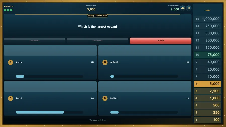 The Gallery lifeline on the largest-ocean question shows audience bars, with Pacific at 71 percent.