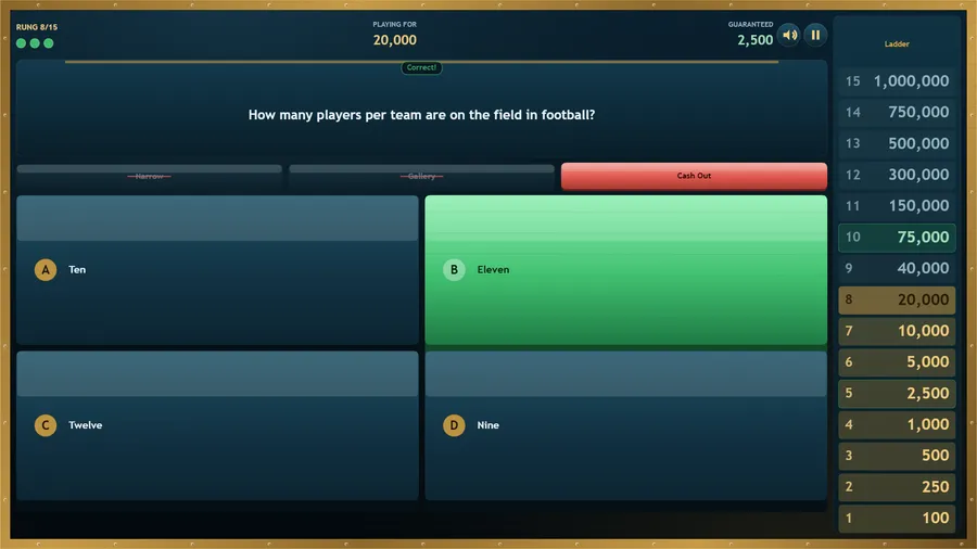 Rung 8 at 20,000: Eleven shown in green as the right answer to a football team-size question.
