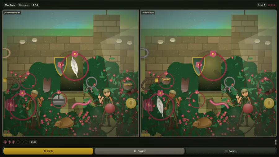 The Gate as two side-by-side pictures, As remembered and As it is now, with red rings on found changes and 3 of 6 found