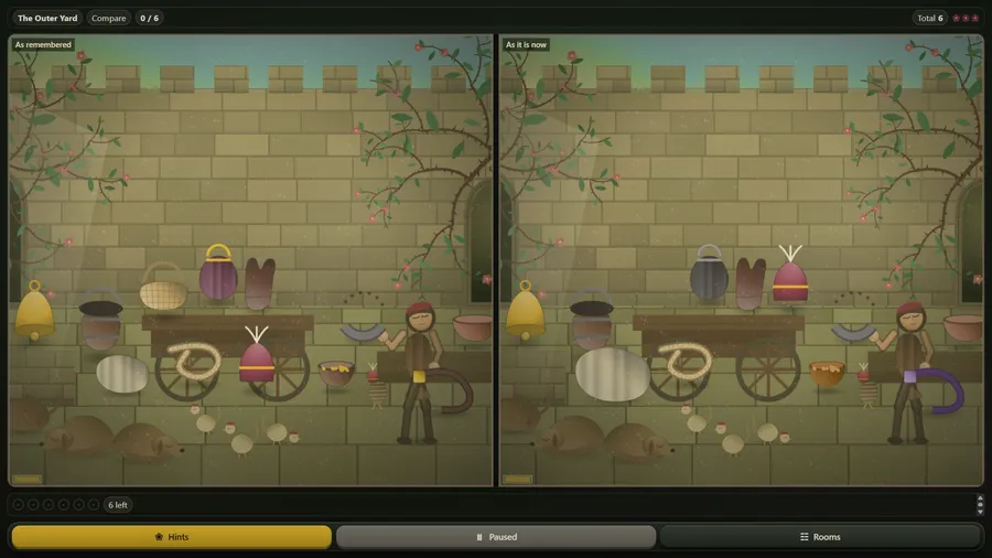 The Outer Yard: a cart, a bell, baskets and a man before a castle wall, shown twice with none of its six changes found yet