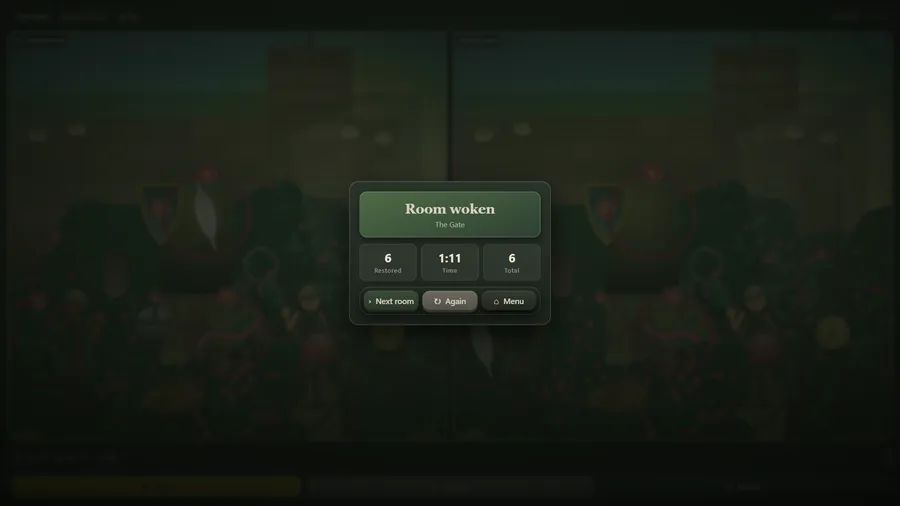 A Room woken card for The Gate showing 6 restored, a time of 1:11 and a total of 6, with Next room, Again and Menu buttons
