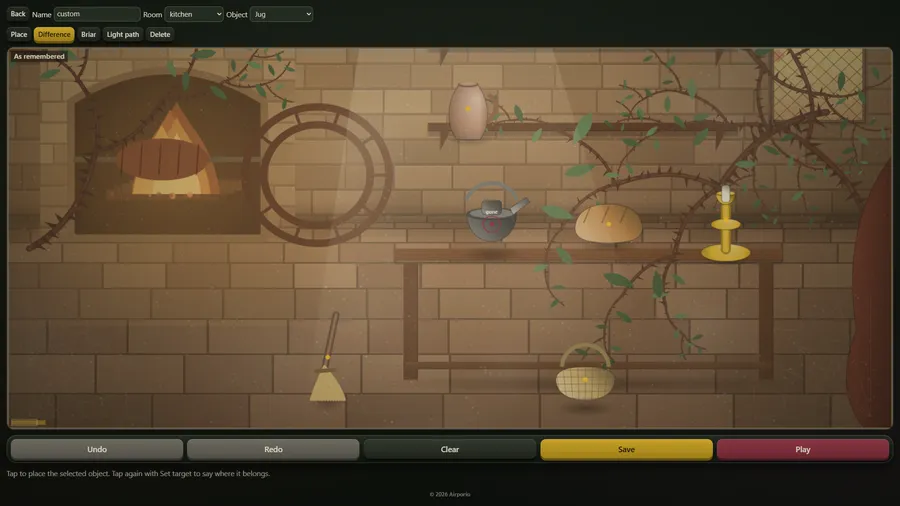 The Scene Editor placing a jug in a kitchen with a hearth, table, bread, candlestick, broom and basket under creeping briar