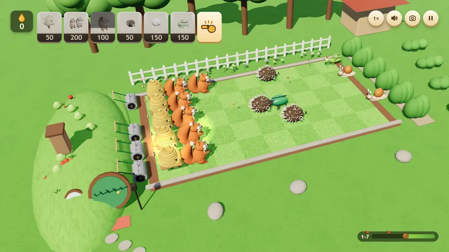 Level 1-7 from the Burrow: rollers in front, hives and squirrels, hedgehogs up the lanes meeting a beetle and snails