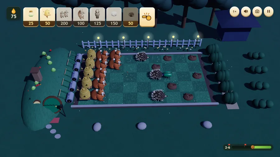 Level 2-6 at night up close: hives and squirrels by the Burrow, hedgehogs and dirt mounds on a dark lawn, 50 honey