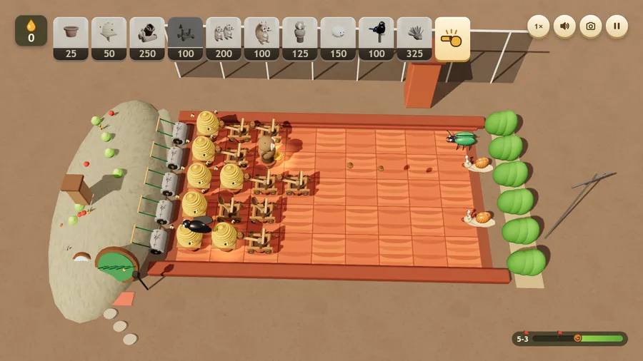 Level 5-3 from overhead: the whole greenhouse roof flat on screen, hives and catapults in pots, a snail and a wasp closing in