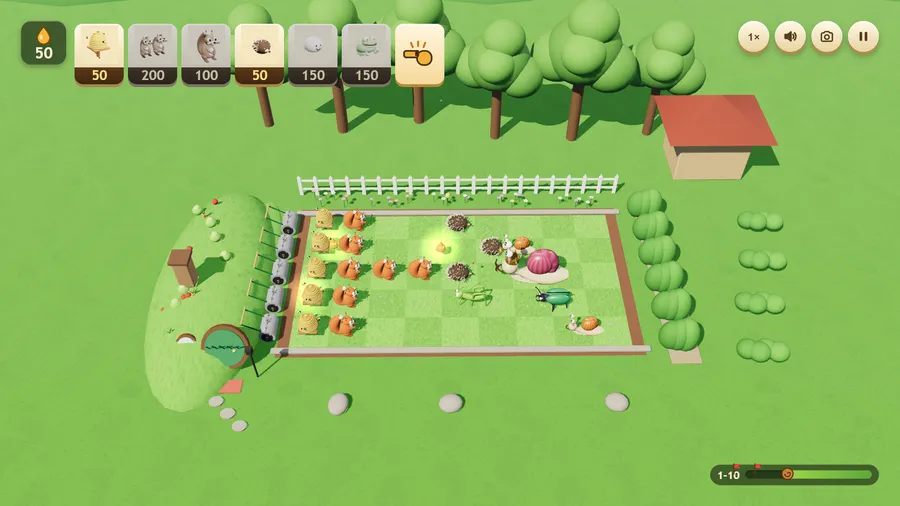 Level 1-10 boss: Sir Slimeworth, a big pink snail, slides at squirrels, hives and hedgehogs, a green beetle ahead
