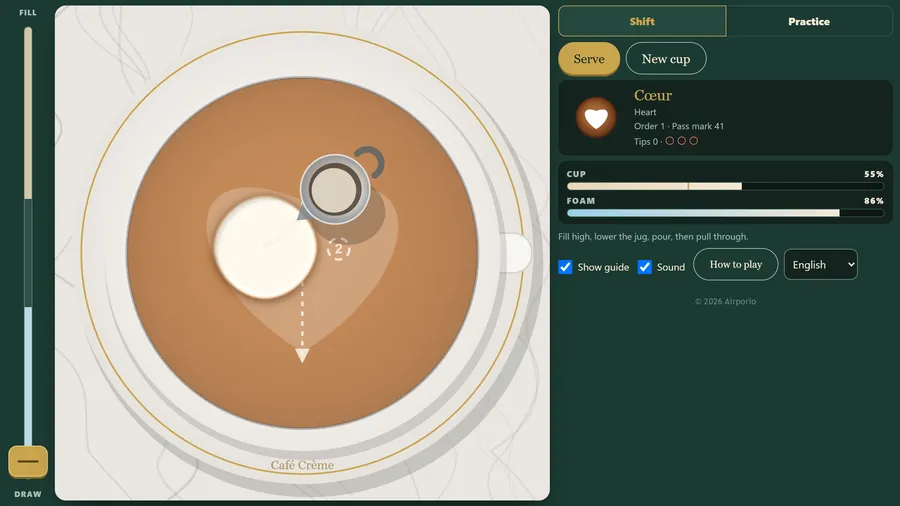 The jug lowered: a round white pool spreads over the first pour point of the heart guide, cup 55% full.