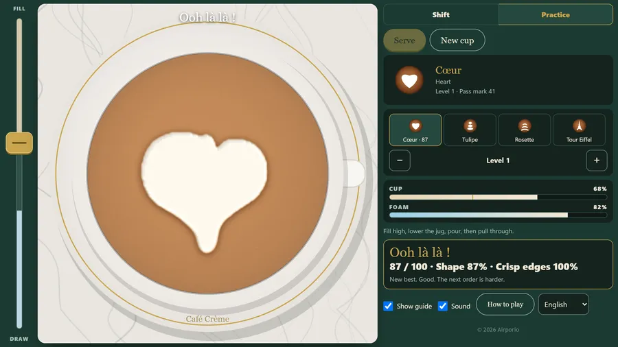 A finished heart: two rounded lobes, a notch at the top and a tapered tip, graded Ooh là là with 87 out of 100.
