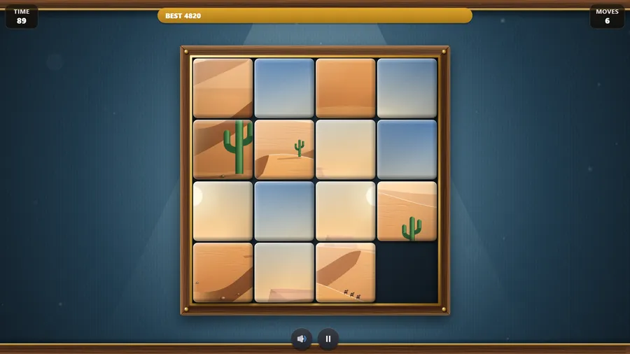 A 4×4 desert scene half-slid back together inside a carved wooden frame, with Time 89, Best 4820 and Moves 6 across the top