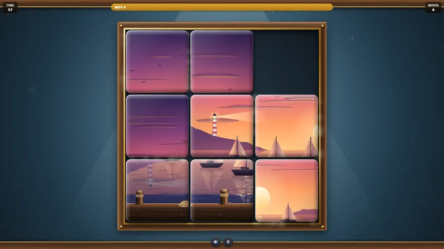 A 3x3 sliding puzzle of a sunset harbour with a lighthouse and sailboats, one gap at the top right.