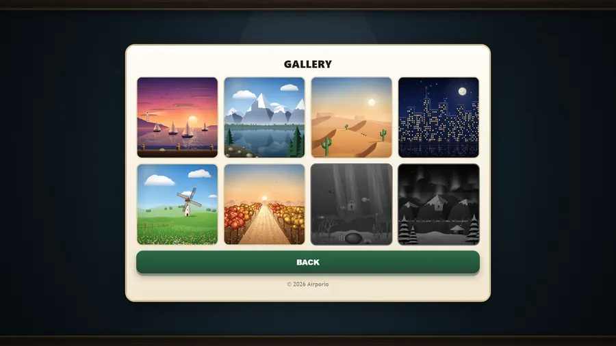 The Gallery, four across: harbour sunset, mountain lake, desert, night city, windmill, autumn road, and two still locked