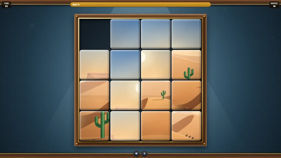 A 4x4 desert puzzle with cacti and dunes, nearly solved with the gap in the top left corner.