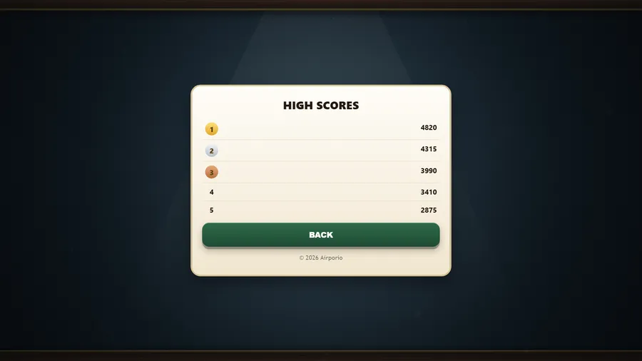 The High Scores panel with five runs listed, 4820 at the top on a gold medal, then 4315, 3990, 3410 and 2875
