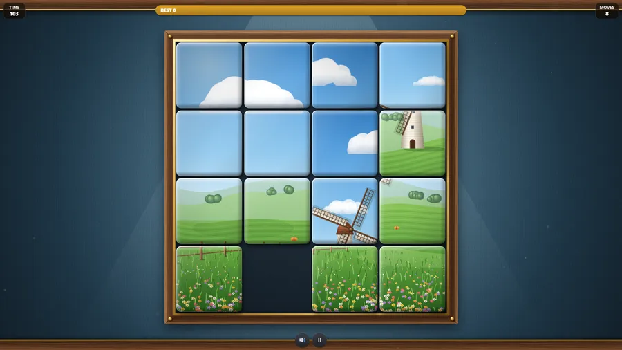 A 4x4 puzzle of a green meadow with a windmill under a blue sky, one tile missing at the bottom.