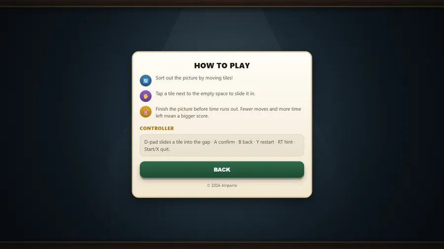 The How to Play panel: sort the picture by moving tiles, tap a tile next to the gap, beat the clock, plus a Controller line