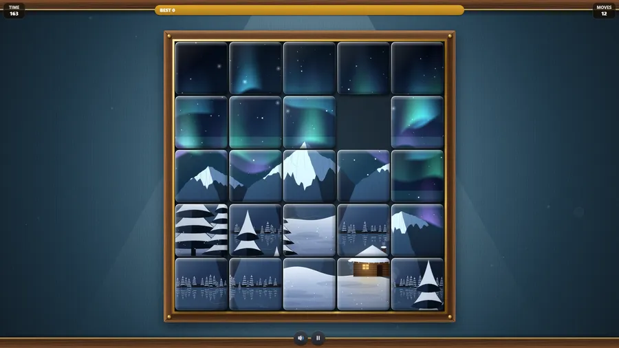 A 5x5 northern-lights puzzle of snowy mountains, pines and a lit cabin, with the timer and move counter.