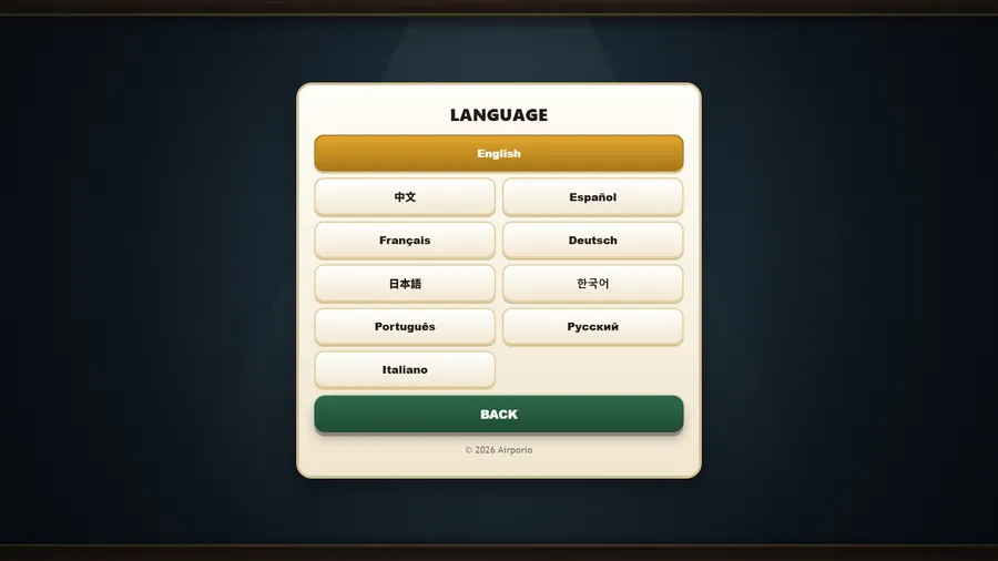 The Language picker: English highlighted on top, then 中文, Español, Français, Deutsch, 日本語, 한국어, Português, Русский, Italiano