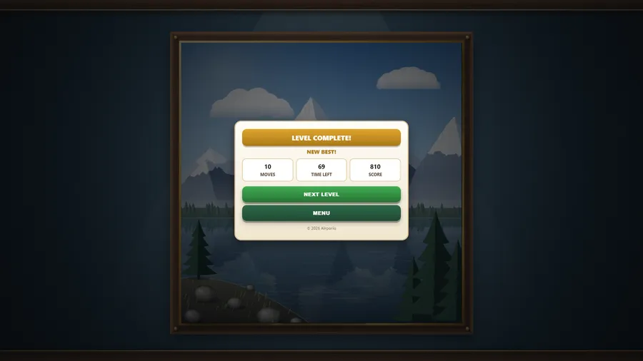 A Level Complete card over the finished mountain lake picture: 10 moves, 69 time left, score 810.