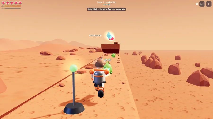 Seen from behind Francis: his laser hits a martian on the Landing Site, next to a glowing checkpoint post