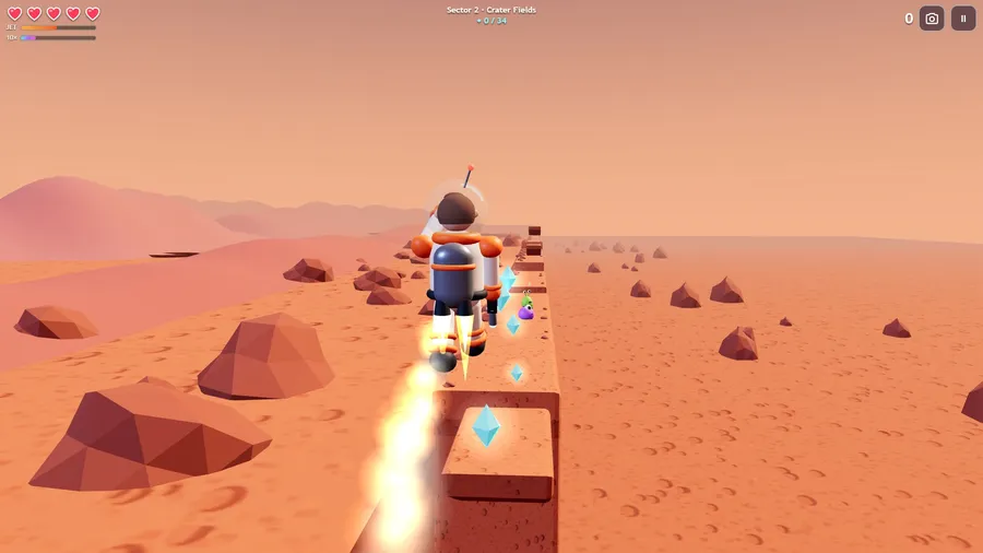 Seen from behind Francis: his power jets carry him over a crater in the Crater Fields, past blue crystals