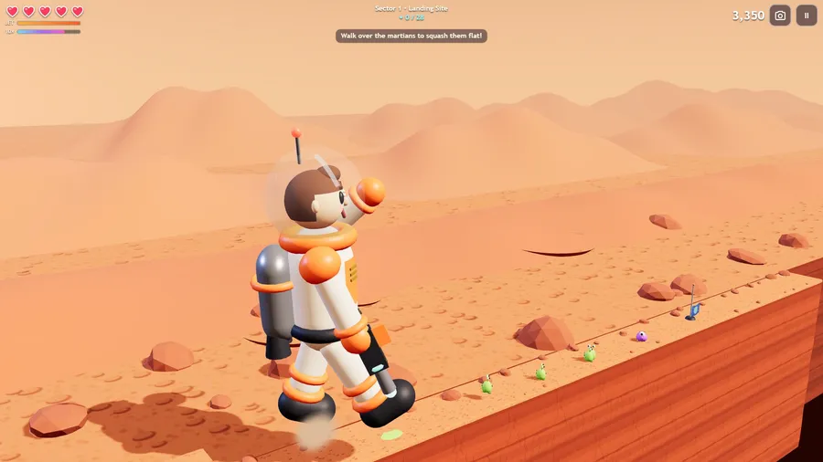 GIANT in the 3D angle view: Francis, ten times bigger, strides toward a line of tiny martians