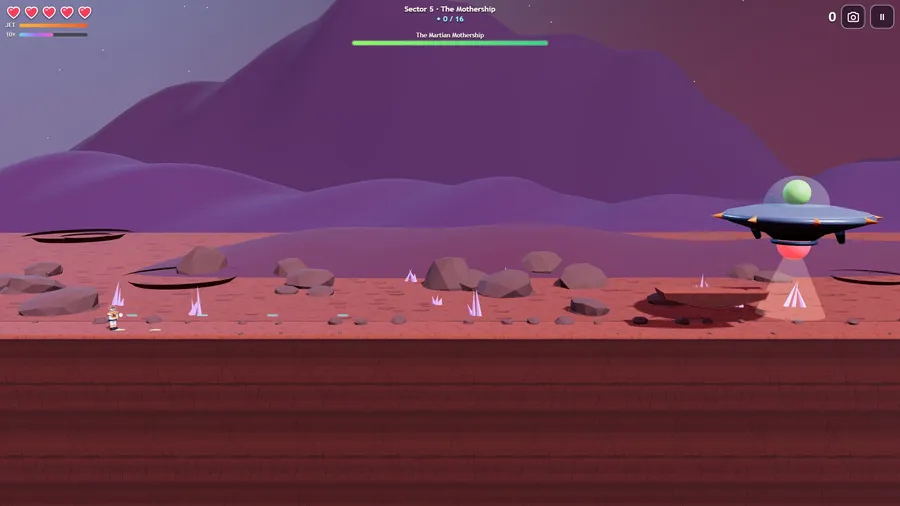 Sector 5: Francis faces the Martian Mothership, a giant saucer, under a purple sky