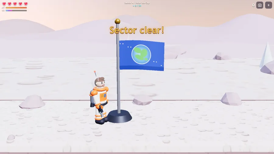 Sector clear! Francis stands by the Earth flag on the Polar Ice Cap, in the close camera view