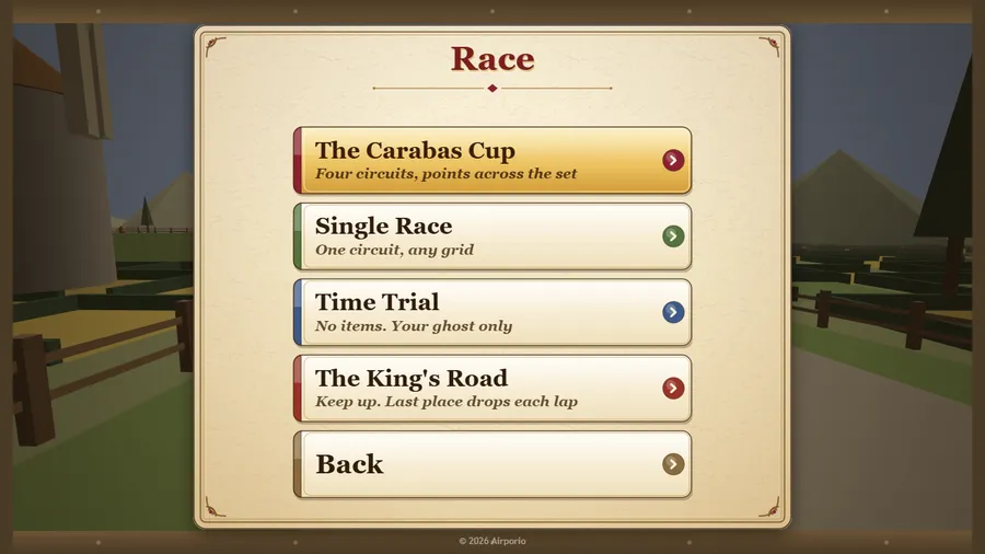 The Race menu: The Carabas Cup, Single Race, Time Trial and The King's Road, each with a line saying what it is
