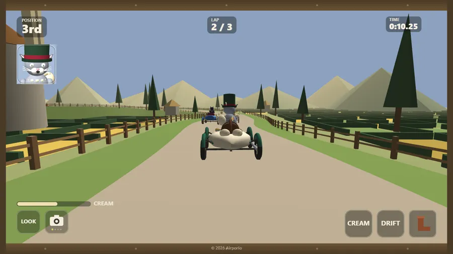 Chase view: Puss in Boots' cart from just behind, 3rd on lap 2/3 at 0:10.25 on the mill road, the pack ahead