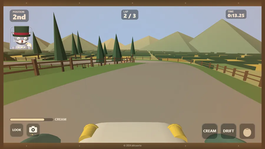 Seat view from Puss in Boots' cart: its cream nose and brass lamps below, 2nd on lap 2/3 at 0:13.25, a bend ahead