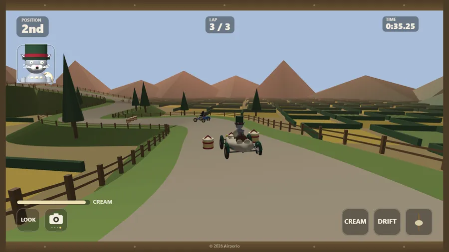 Far chase view over the Ogre's Castle circuit: red hills behind, Puss in Boots 2nd on lap 3/3 at 0:35.25, a rival ahead
