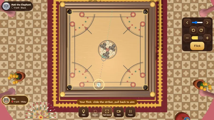 Full-board view in Jaipur: the aim guide shows the striker's dotted path, the ghost ring and where the struck man will go.