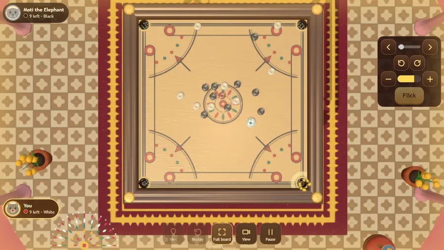 A pocketed man frozen at the instant it drops into a corner pocket, with a burst of stars and a ring over the net.
